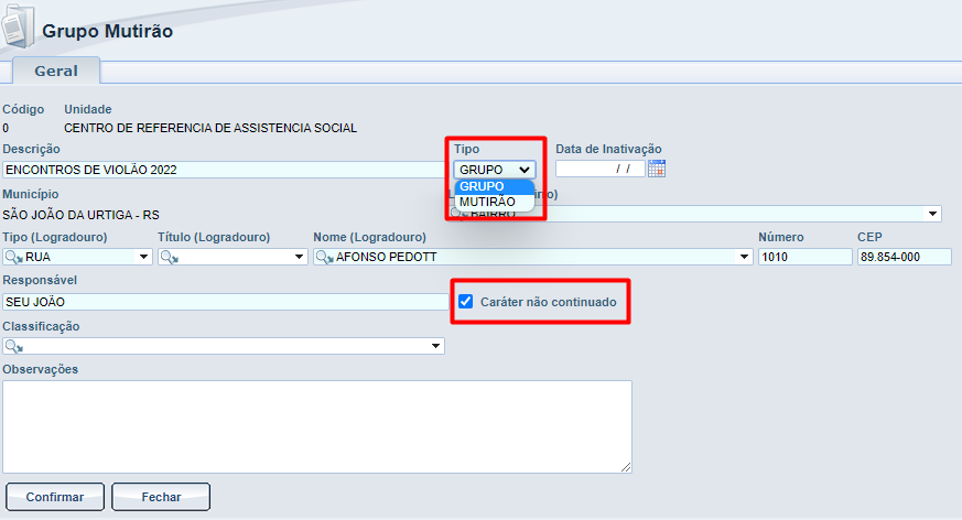 Carater Não continuado Grupo